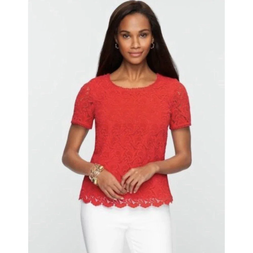 Talbots Petites Womens 8P Short Sleeve Blouse Side Zip Red Lace Scalloped Hem
